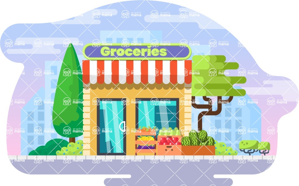 Vector Landscape Mega Bundle - Flat Groceries Shop Illustration Vector Background